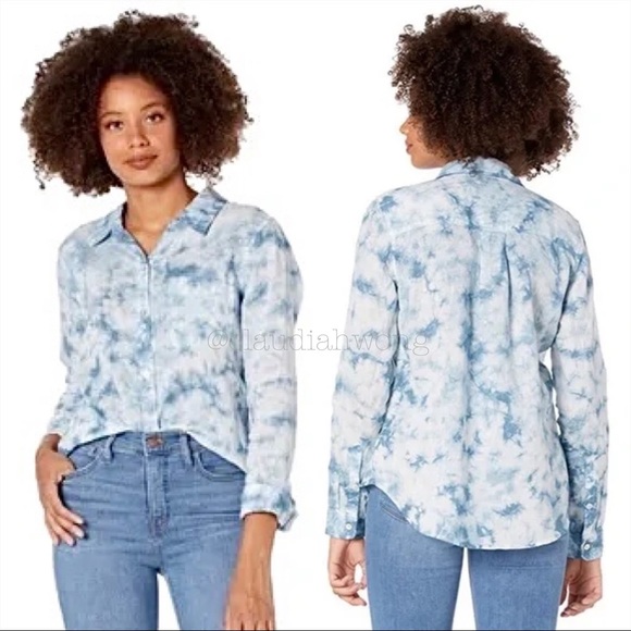New FAHERTY Malibu 100% Linen Tie Dye Button Down Shirt in Ocean Blue - Picture 1 of 8